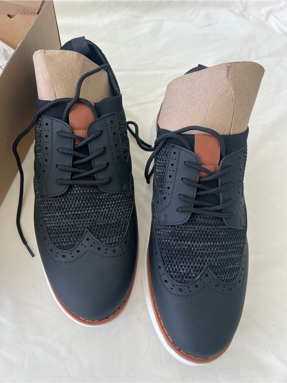 Men's Black Knit Wingtip Derby Shoes with Brown Accent, size 10.5